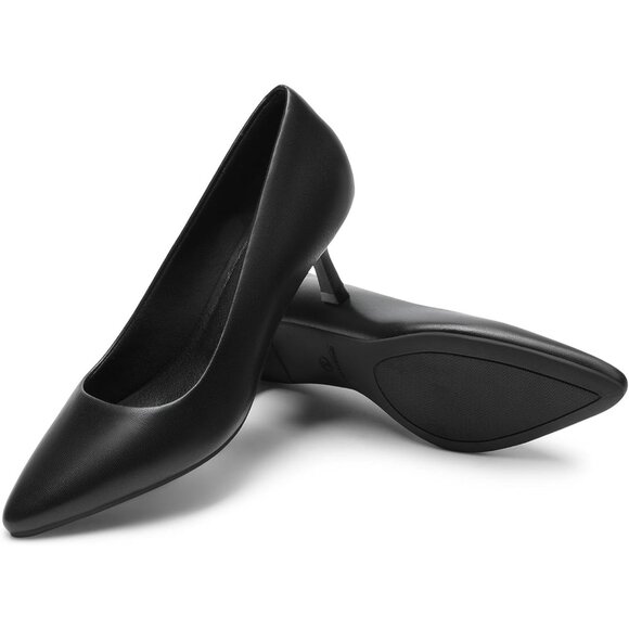 Women's Black Leather Pumps Pointed Toe Kitten Heels Party Wedding Dress Shoes - Picture 3 of 7